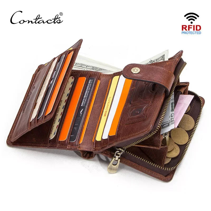 CONTACT'S   Genuine Leather RFID Vintage Wallet Men With Coin Pocket