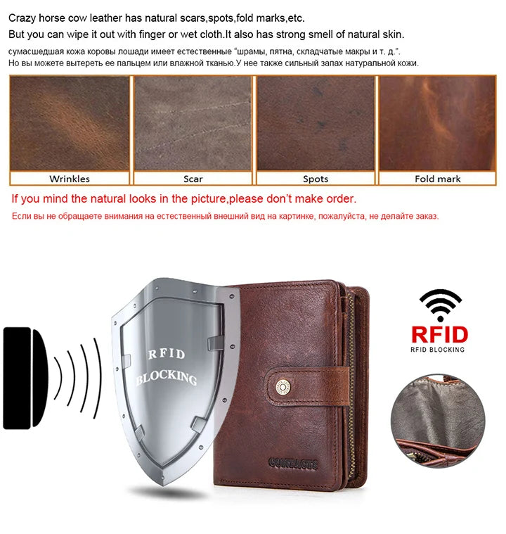 CONTACT'S   Genuine Leather RFID Vintage Wallet Men With Coin Pocket
