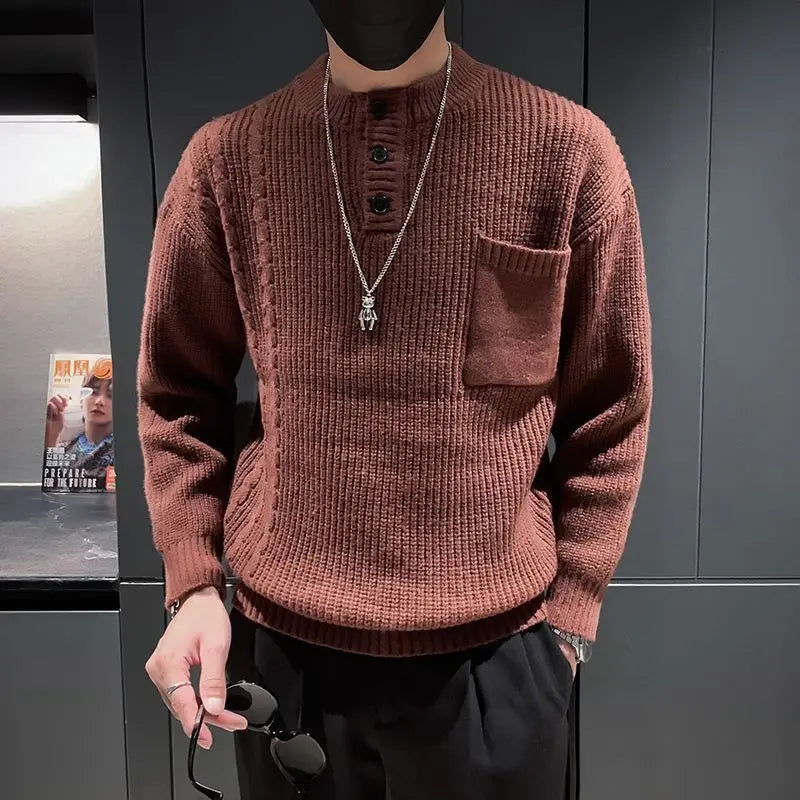MEN’S THICK KNIT SWEATER– HIGH NECK SLIM FIT PULLOVER