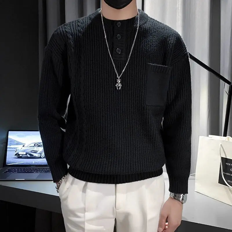 MEN’S THICK KNIT SWEATER– HIGH NECK SLIM FIT PULLOVER