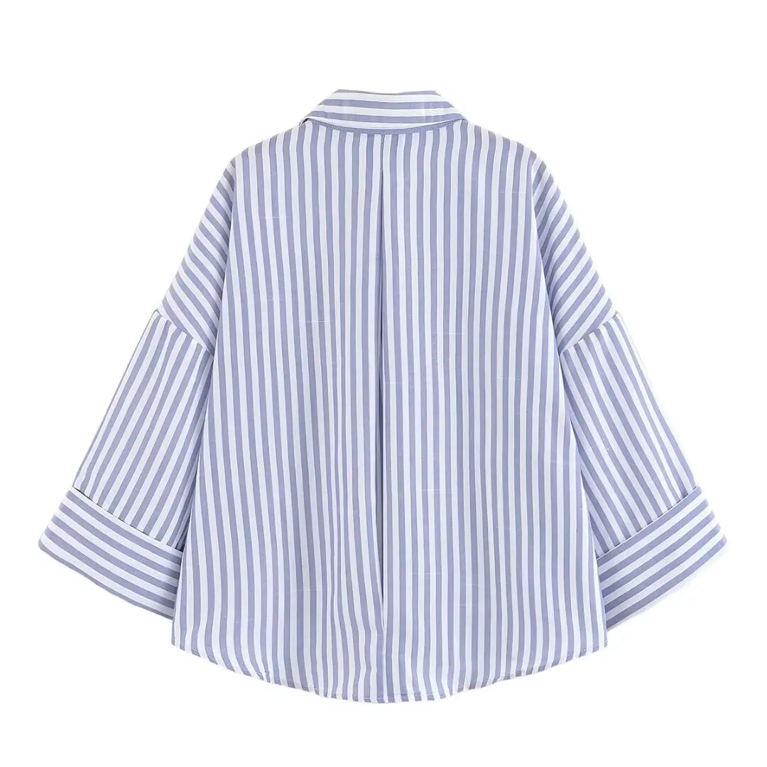 Women Fall Casual Loose Shirt Lapel Buttons Wide Sleeve Shirt