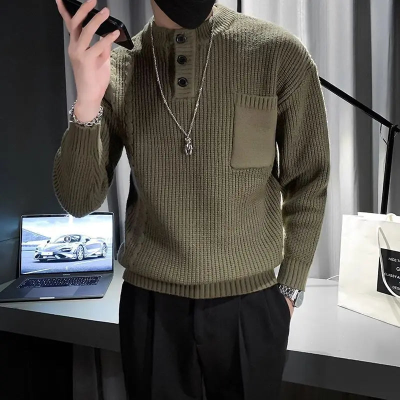 MEN’S THICK KNIT SWEATER– HIGH NECK SLIM FIT PULLOVER
