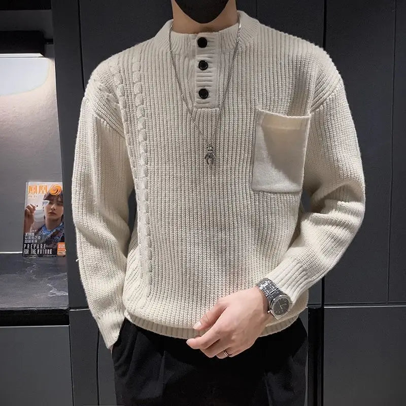 MEN’S THICK KNIT SWEATER– HIGH NECK SLIM FIT PULLOVER