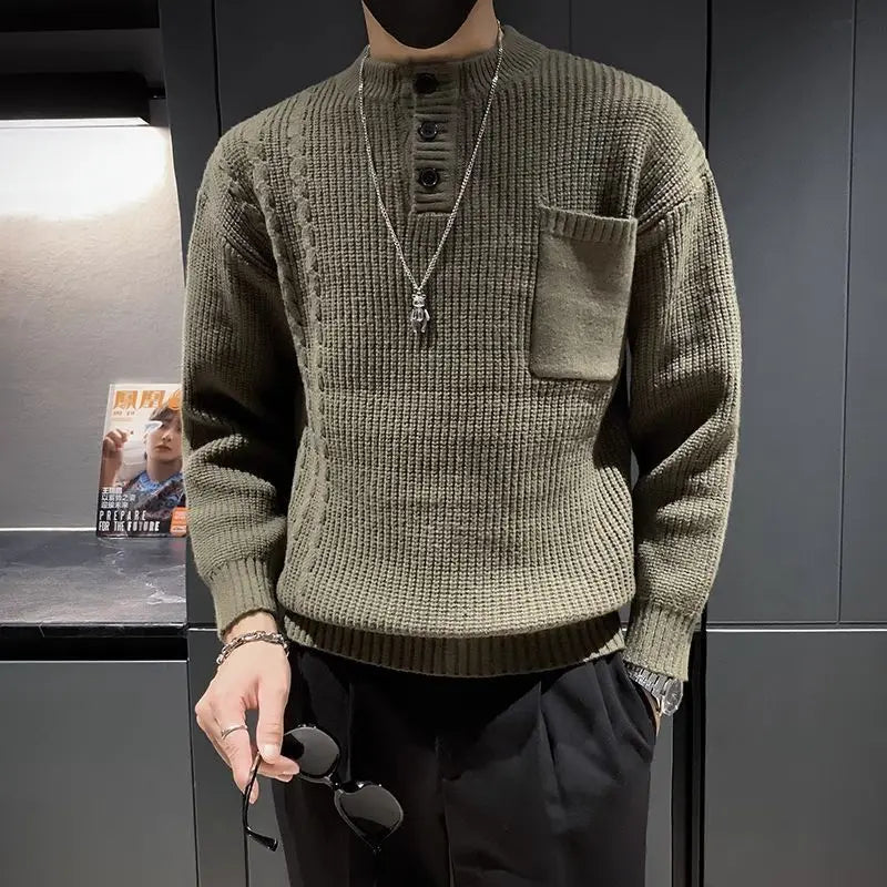 MEN’S THICK KNIT SWEATER– HIGH NECK SLIM FIT PULLOVER