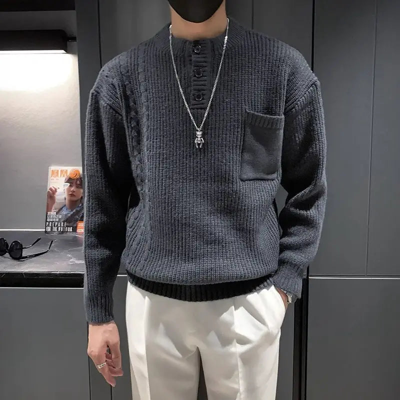 MEN’S THICK KNIT SWEATER– HIGH NECK SLIM FIT PULLOVER