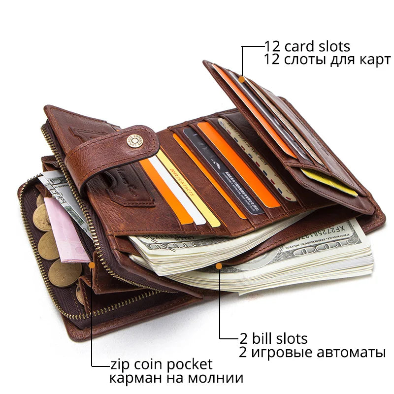 CONTACT'S   Genuine Leather RFID Vintage Wallet Men With Coin Pocket
