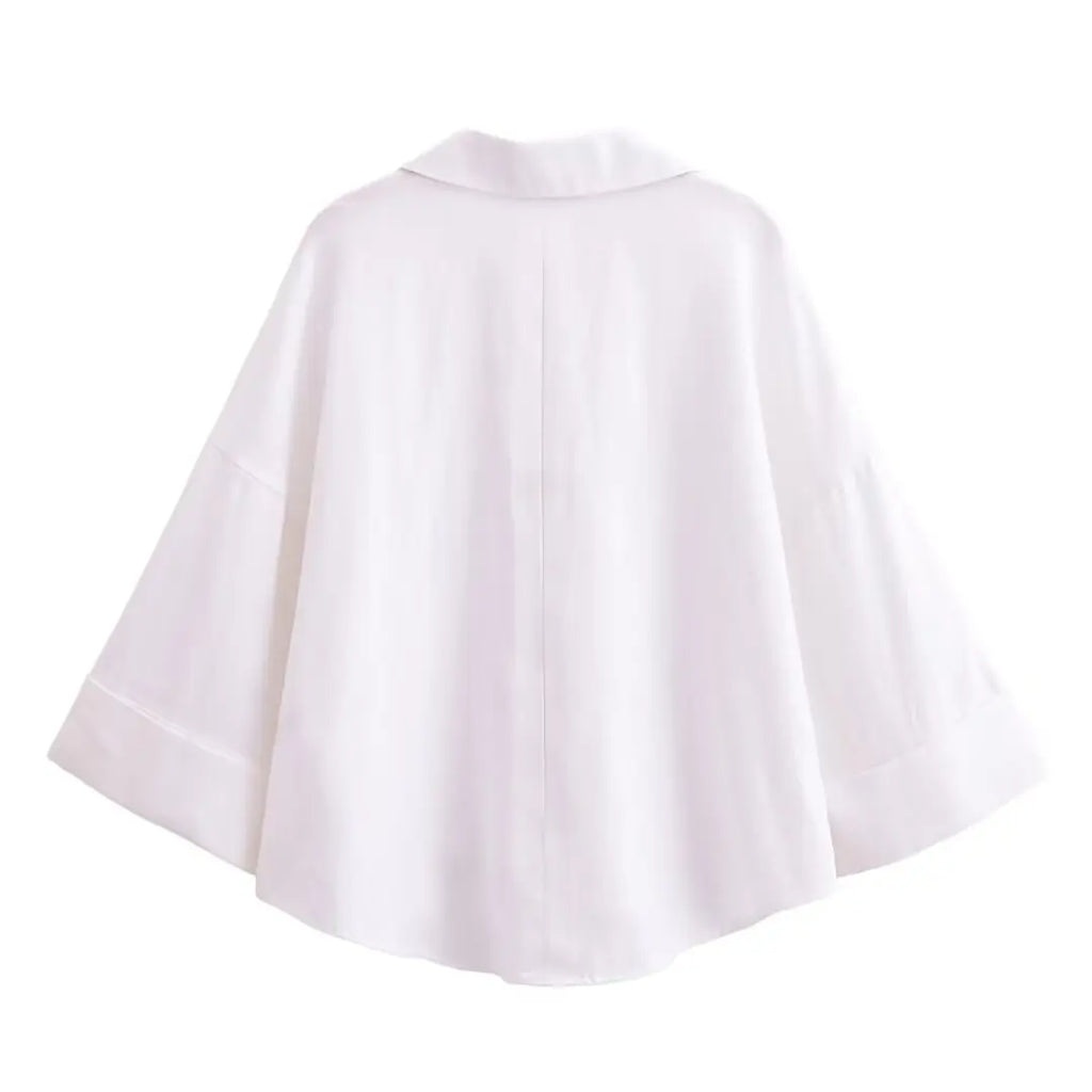 Women Fall Casual Loose Shirt Lapel Buttons Wide Sleeve Shirt