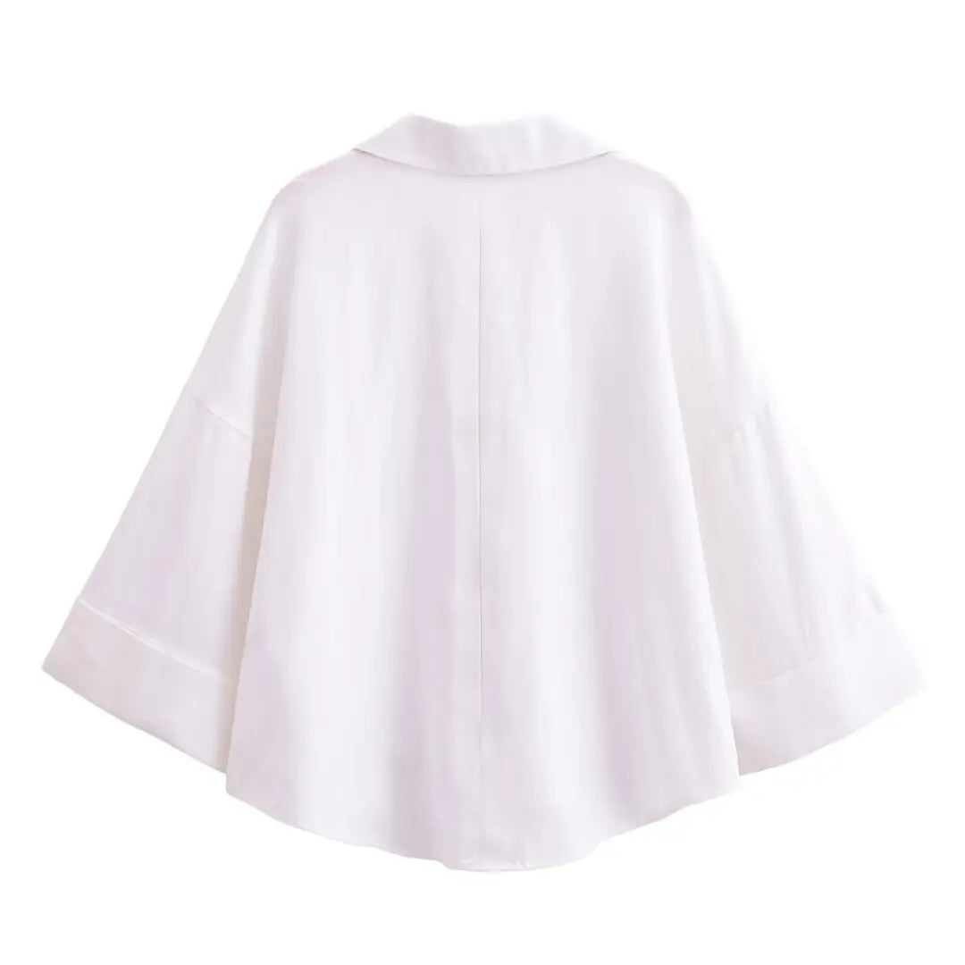 Women Fall Casual Loose Shirt Lapel Buttons Wide Sleeve Shirt