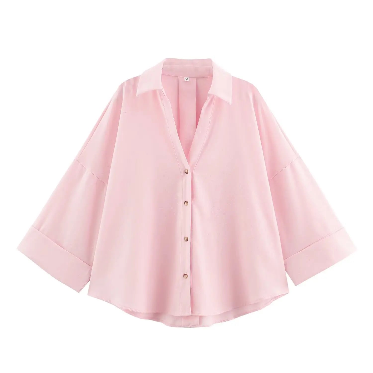 Women Fall Casual Loose Shirt Lapel Buttons Wide Sleeve Shirt