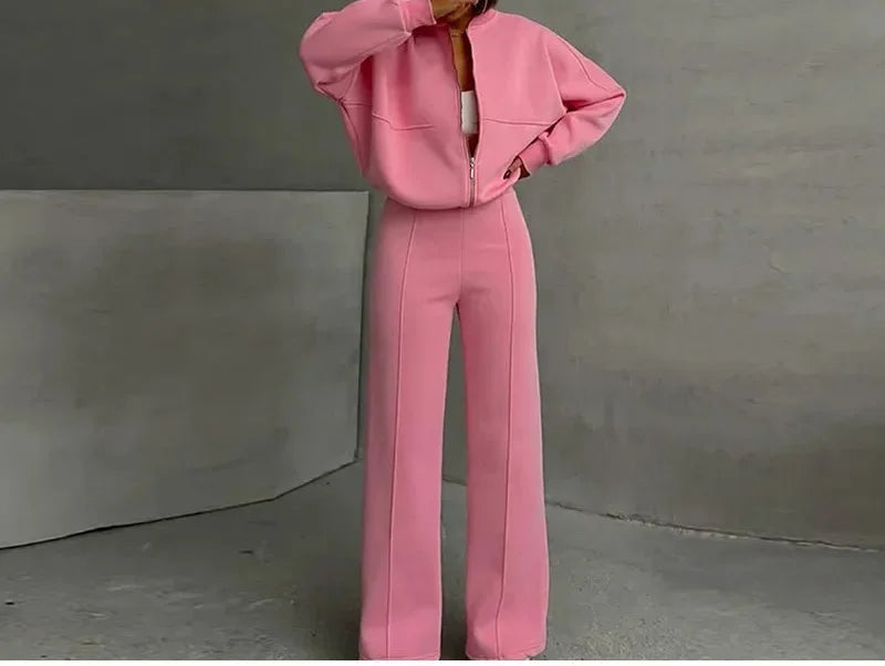 Neck Jacket Loose Lace Up Elastic Waist Trousers