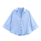 Women Fall Casual Loose Shirt Lapel Buttons Wide Sleeve Shirt