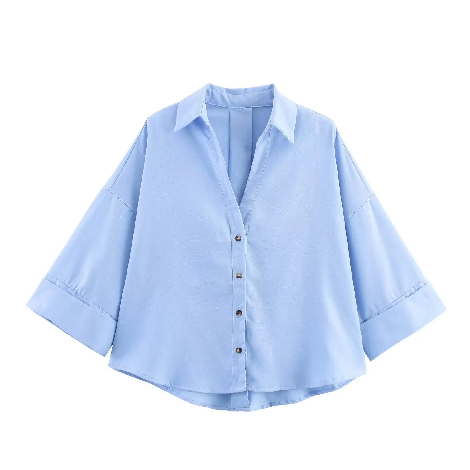 Women Fall Casual Loose Shirt Lapel Buttons Wide Sleeve Shirt