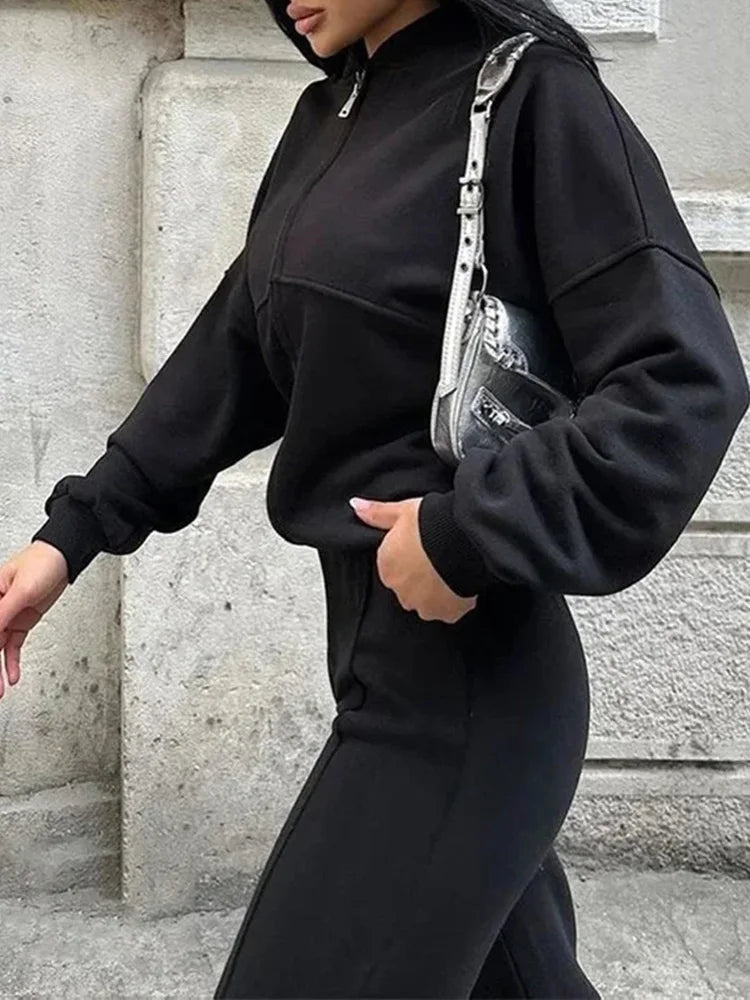 Neck Jacket Loose Lace Up Elastic Waist Trousers