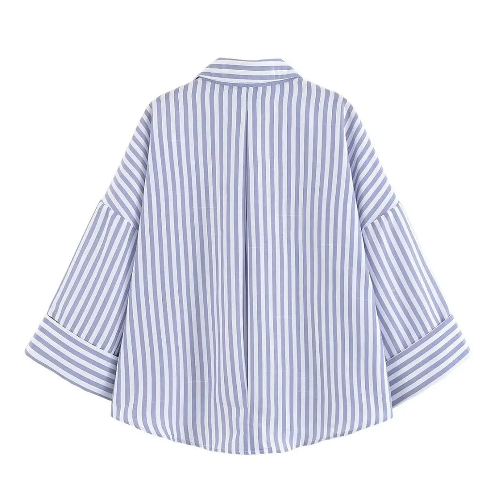 Women Fall Casual Loose Shirt Lapel Buttons Wide Sleeve Shirt