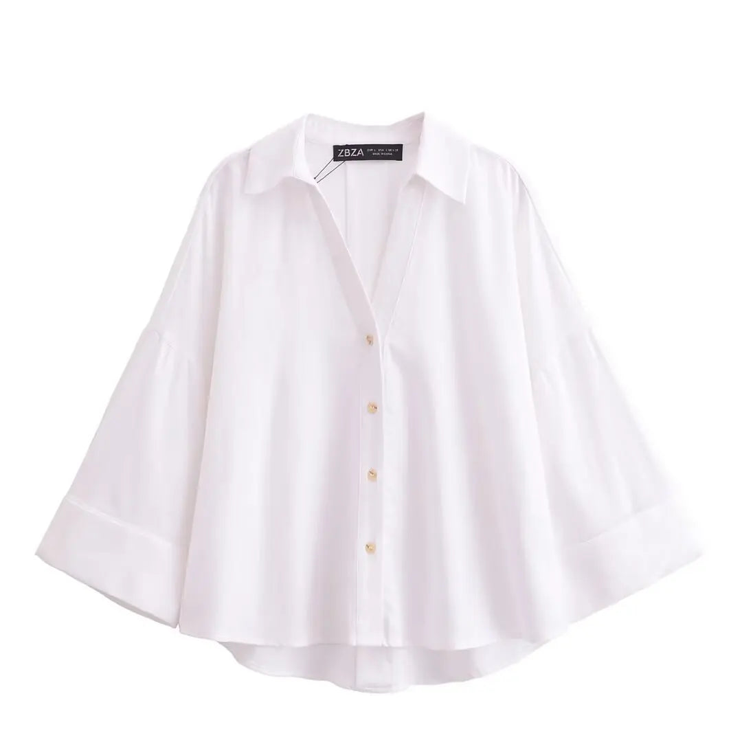 Women Fall Casual Loose Shirt Lapel Buttons Wide Sleeve Shirt