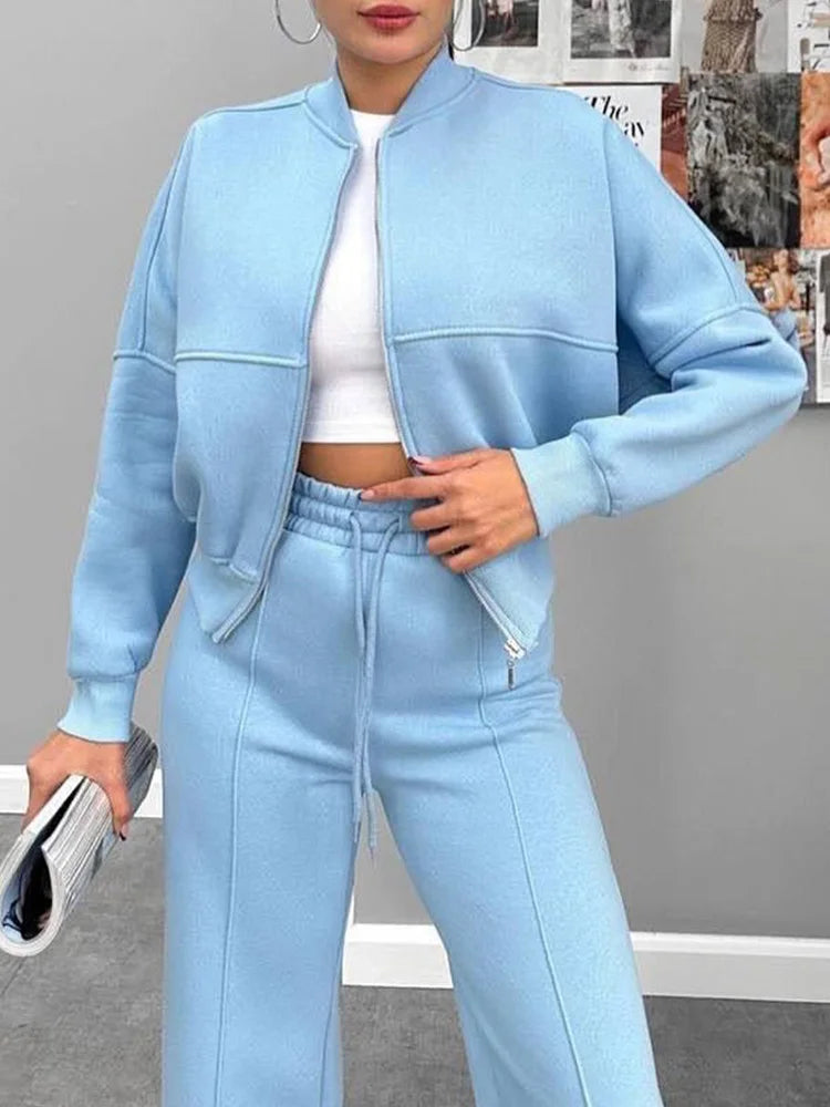 Neck Jacket Loose Lace Up Elastic Waist Trousers