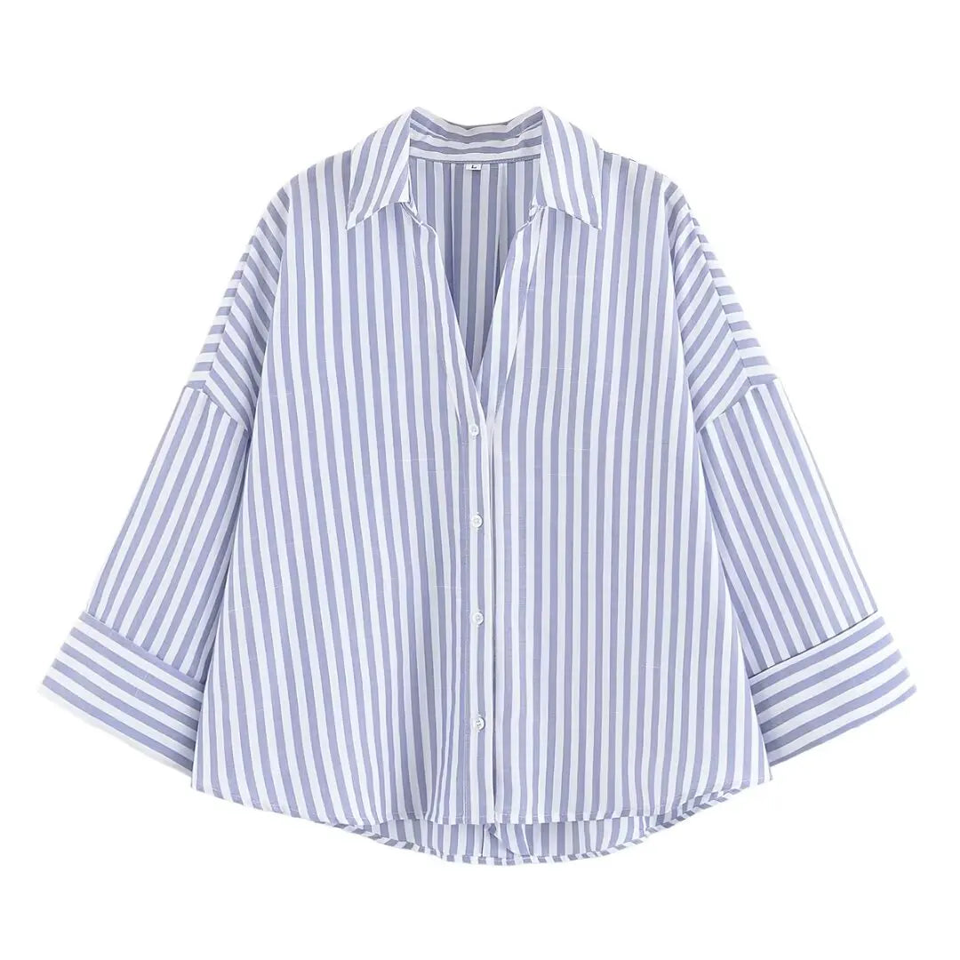 Women Fall Casual Loose Shirt Lapel Buttons Wide Sleeve Shirt