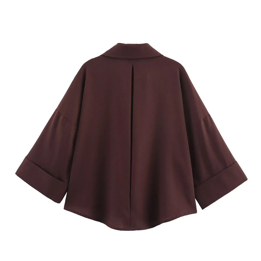 Women Fall Casual Loose Shirt Lapel Buttons Wide Sleeve Shirt