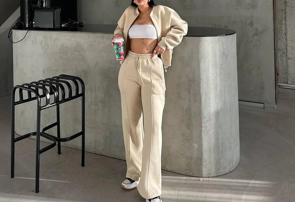 Neck Jacket Loose Lace Up Elastic Waist Trousers