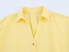 Women Fall Casual Loose Shirt Lapel Buttons Wide Sleeve Shirt