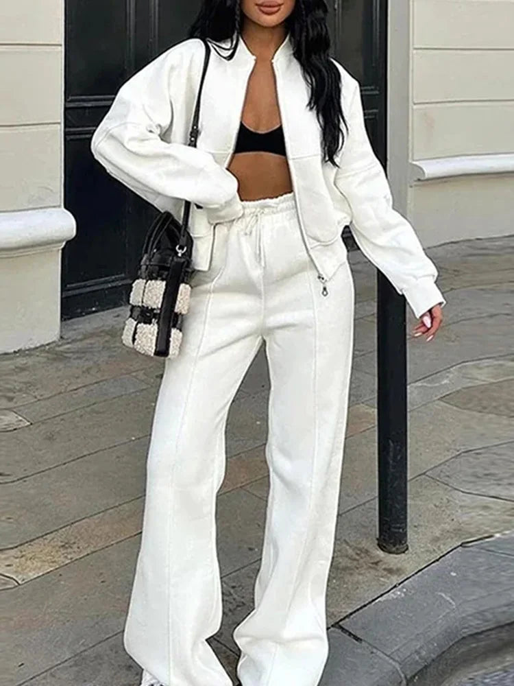 Neck Jacket Loose Lace Up Elastic Waist Trousers