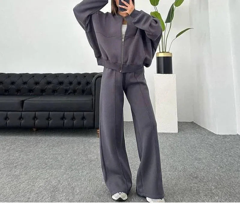 Neck Jacket Loose Lace Up Elastic Waist Trousers