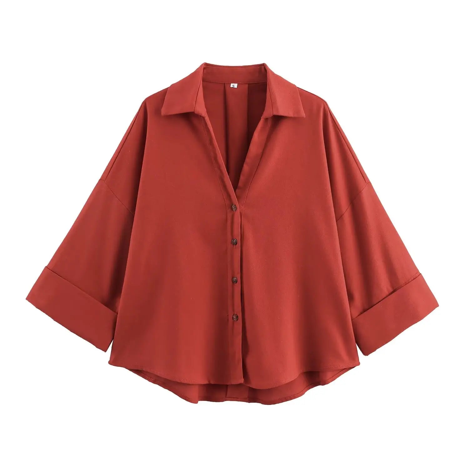 Women Fall Casual Loose Shirt Lapel Buttons Wide Sleeve Shirt