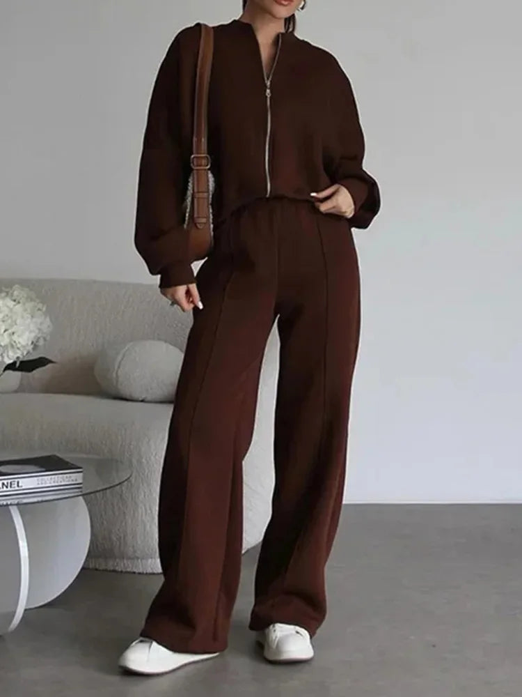 Neck Jacket Loose Lace Up Elastic Waist Trousers