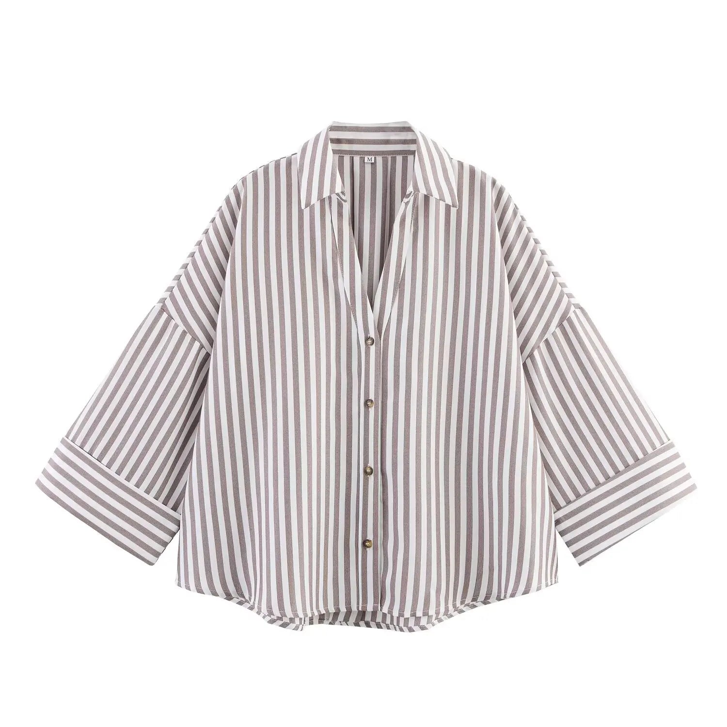 Women Fall Casual Loose Shirt Lapel Buttons Wide Sleeve Shirt