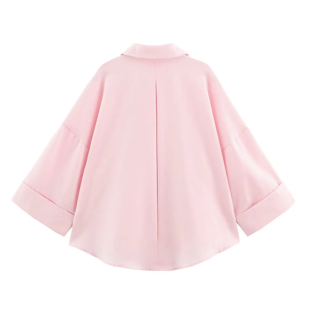 Women Fall Casual Loose Shirt Lapel Buttons Wide Sleeve Shirt