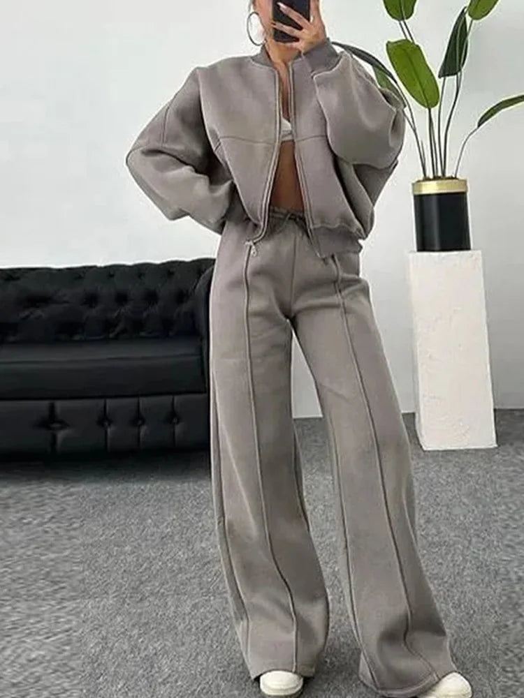 Neck Jacket Loose Lace Up Elastic Waist Trousers