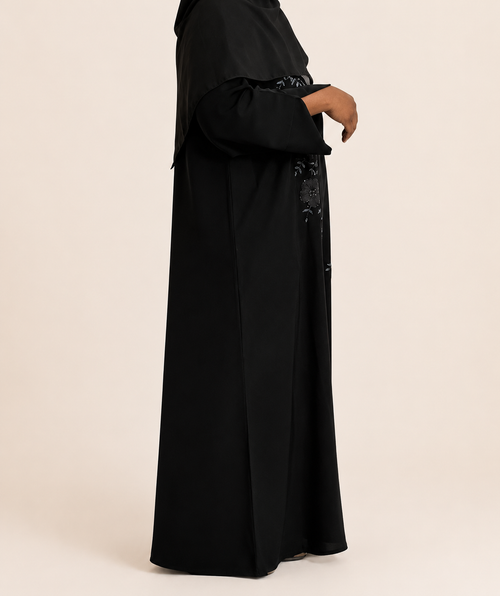 Elegant Floral Embroidered Open Button Abaya with Matching Hijab