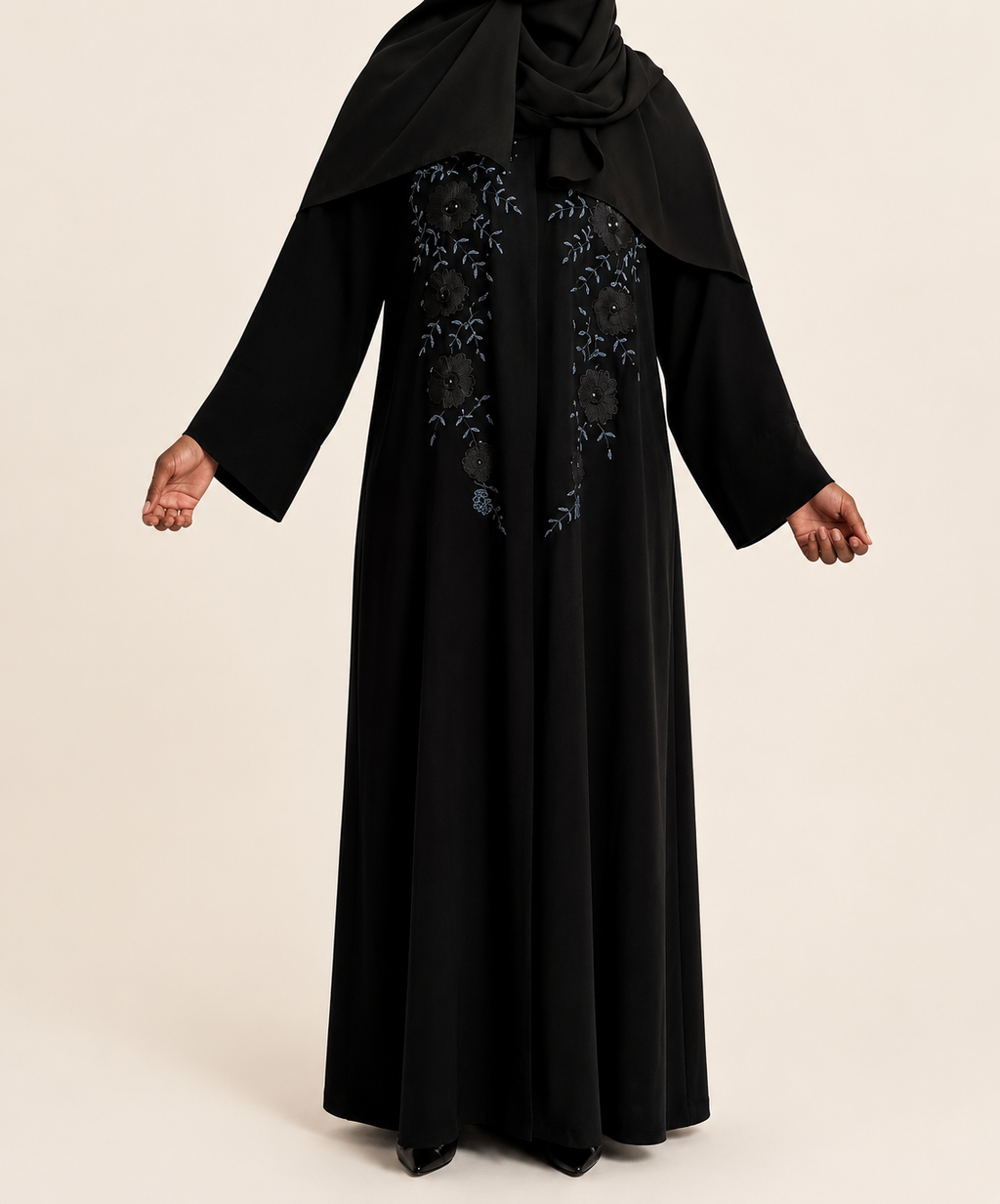 Elegant Floral Embroidered Open Button Abaya with Matching Hijab