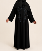 Elegant Floral Embroidered Open Button Abaya with Matching Hijab