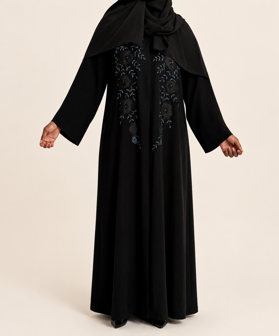 Elegant Floral Embroidered Open Button Abaya with Matching Hijab