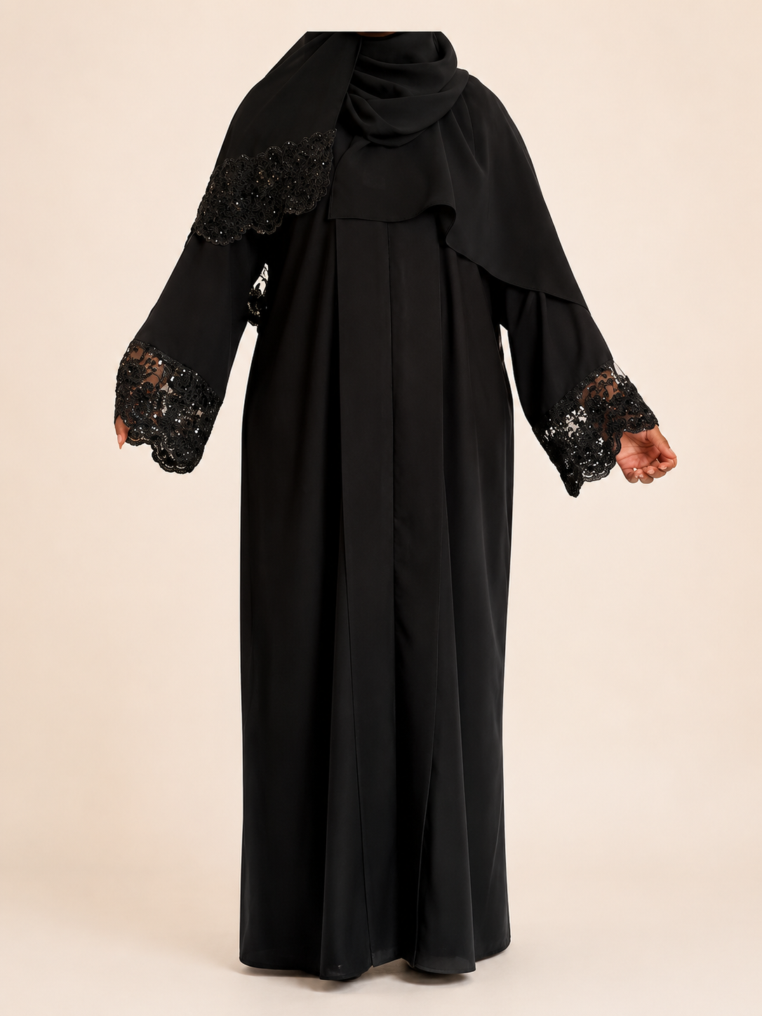 Elegant Closed Abaya with Lace Sleeves & Matching Hijab