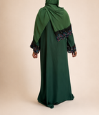 Elegant Green Closed Abaya with Lace Detail & Matching Hijab