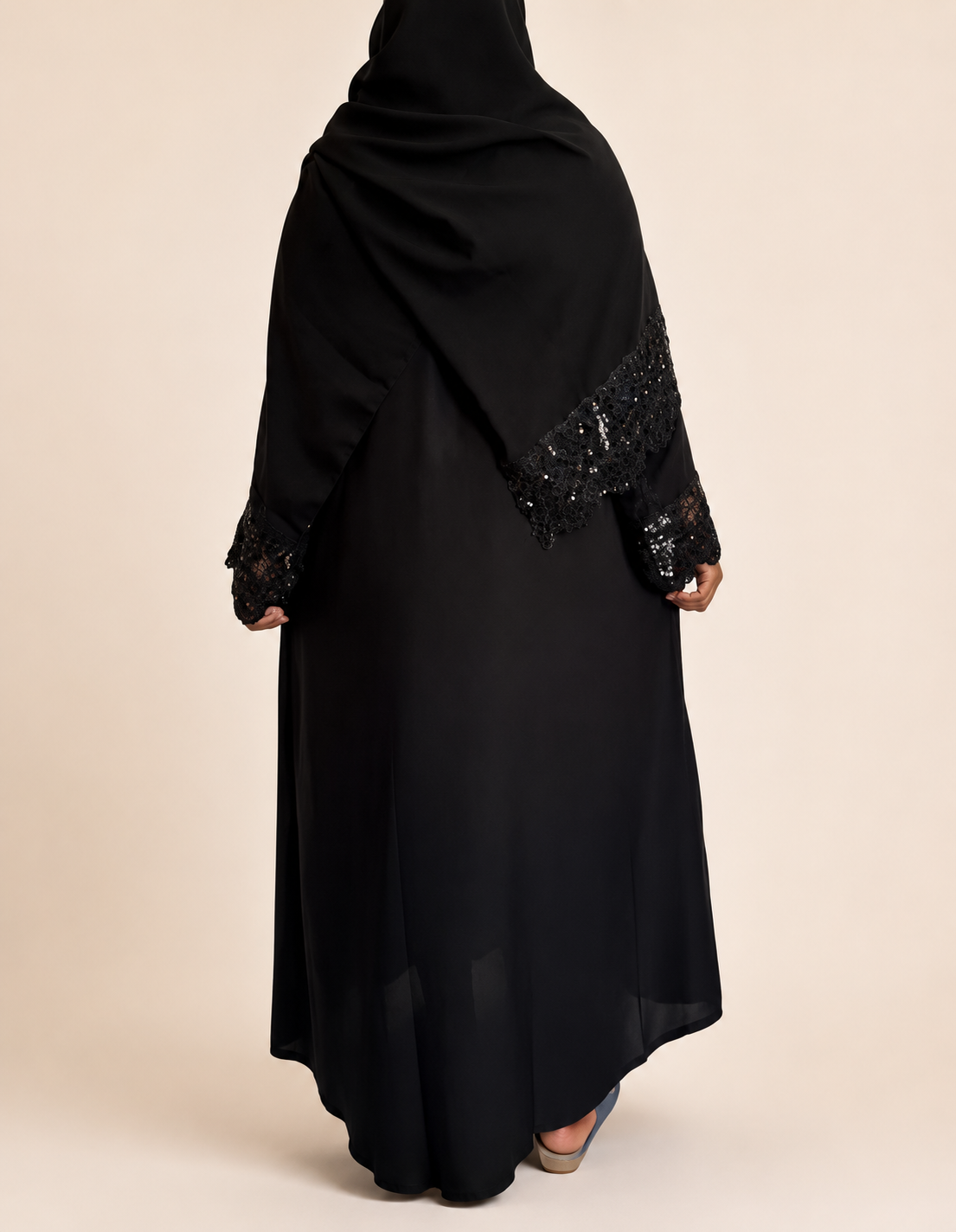 Elegant Closed Abaya with Lace Sleeves & Matching Hijab
